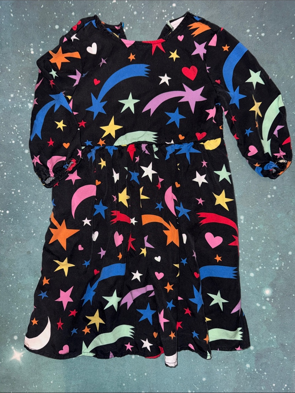Stella McCartney Kids Black Dress with Multicolor Star & Heart Print 4 girls